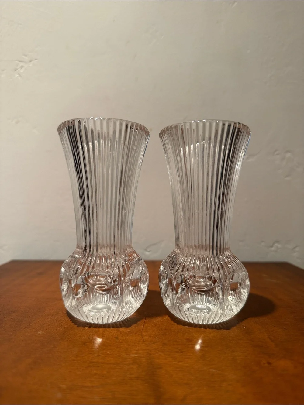 Vintage Pair Clear Glass Optic Ribbed Glass Bud Vases 4.75” Flared Trumpet